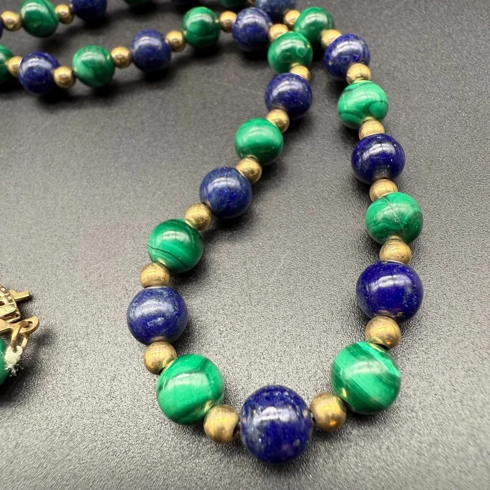 💚💙 Vintage Malachite & Lapis Bead Necklace 14/20 Gold Filled Clasp‎ 18